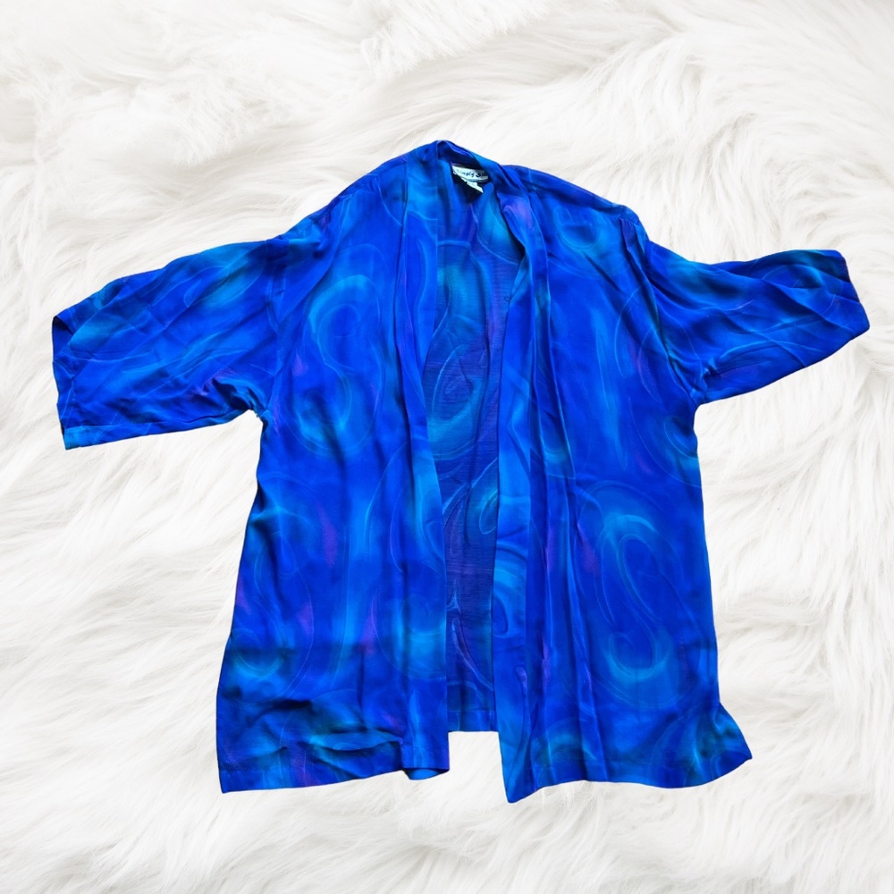 Plus Size Blue Swirl Silk Kimono Jacket- One Size